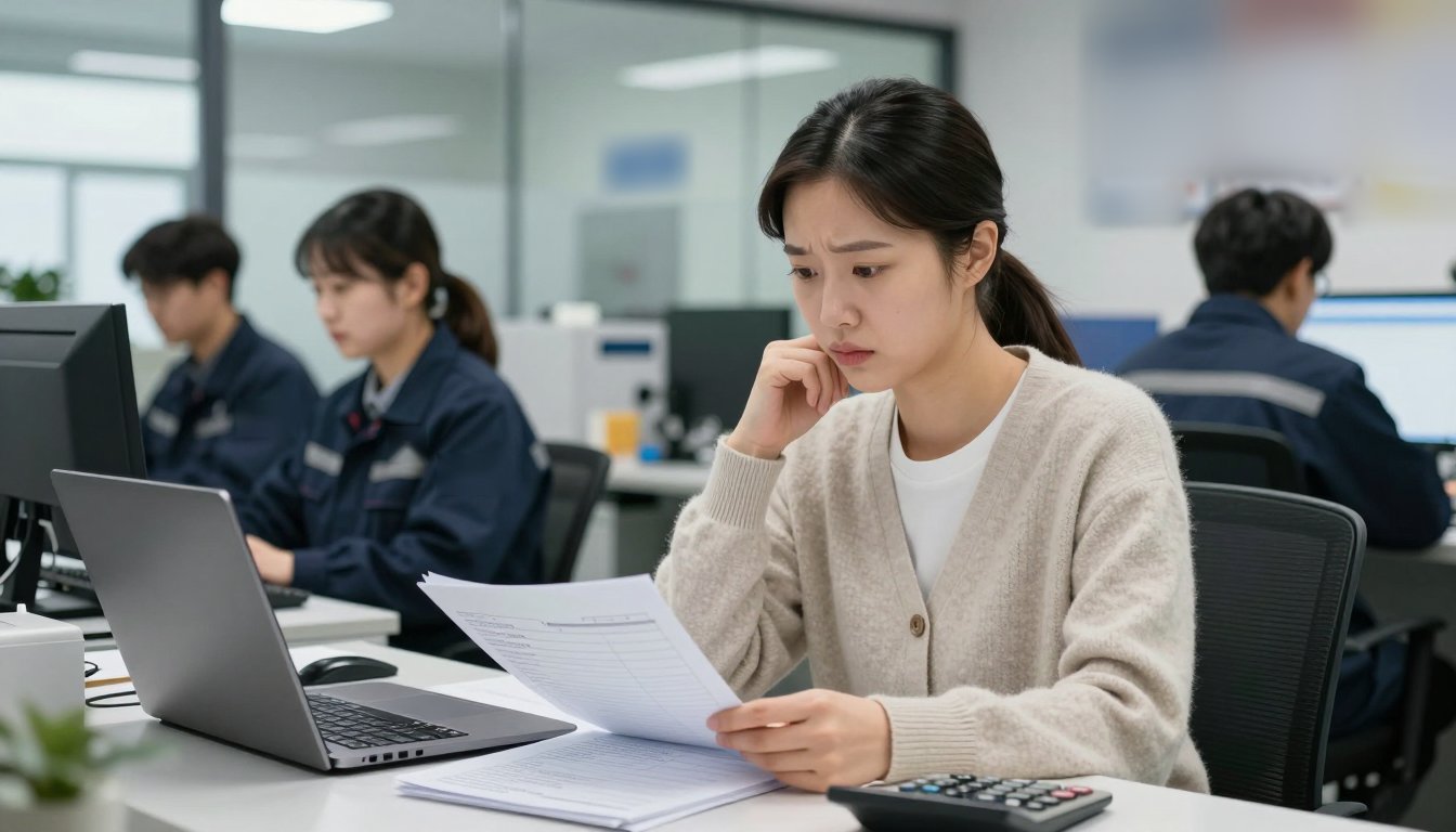 사무실에서 결산 서류와 계산기를 앞에 두고 고민하는 원가관리 담당자