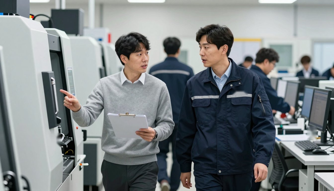 원가 분석 담당자와 생산 담당자가 CNC 가공 라인을 함께 걸으며 설비를 확인하는 모습