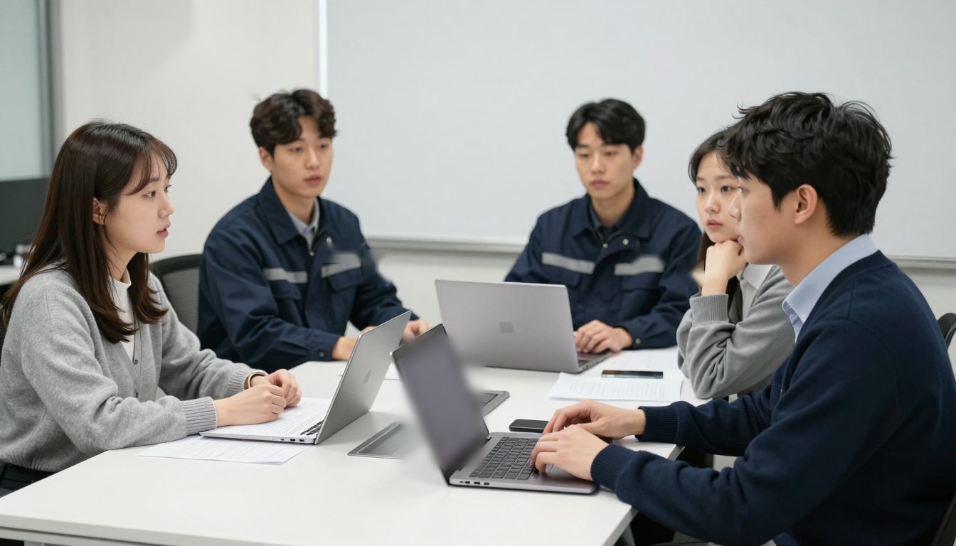 회의실에서 월 결산 결과를 두고 원가·생산 담당자들이 함께 논의하는 모습