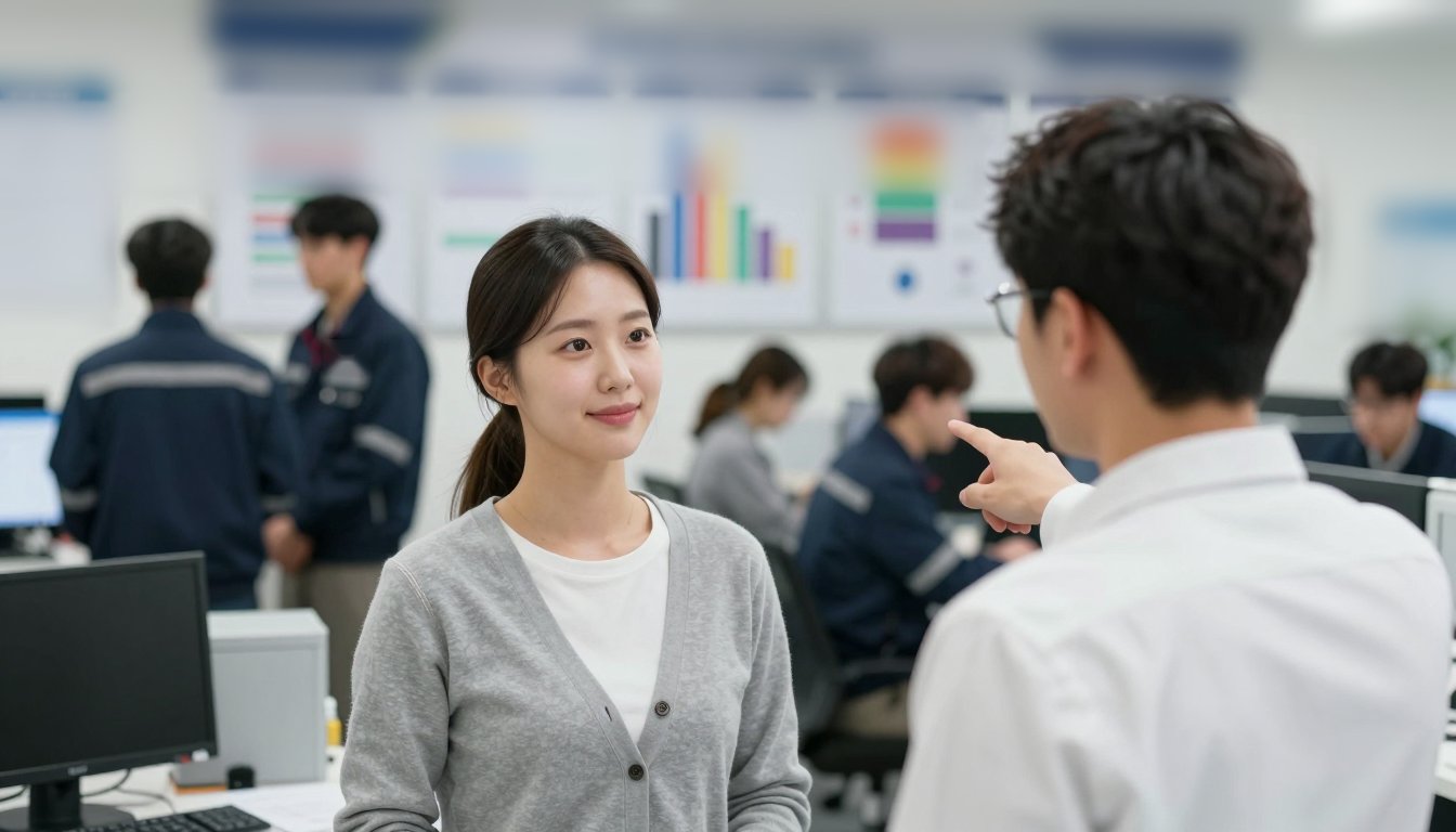 사무실 그래프 보드 앞에서 원가 추이를 이야기하는 관리자와 원가 분석 담당자