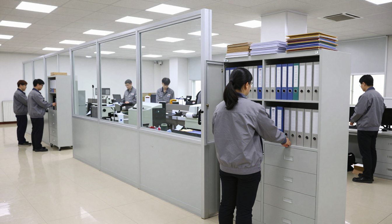 사무실에서 서류철이 가득한 철제 캐비닛을 열어 보는 작업복 차림의 뒷모습