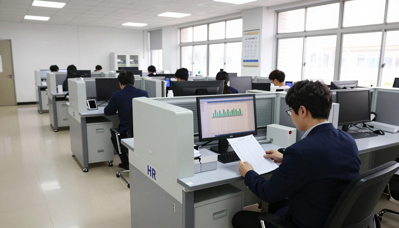 4가지 교대 패턴과 다능공 보유 현황을 함께 보는 인사 사무실 모니터