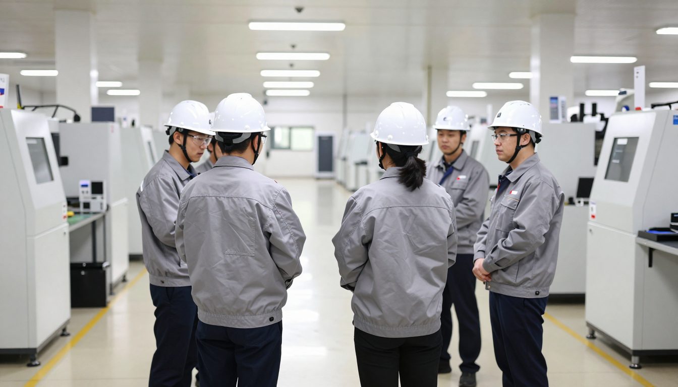 작업 시작 전 설비 사이 통로에 모여 조회를 하는 안전모 쓴 작업자들