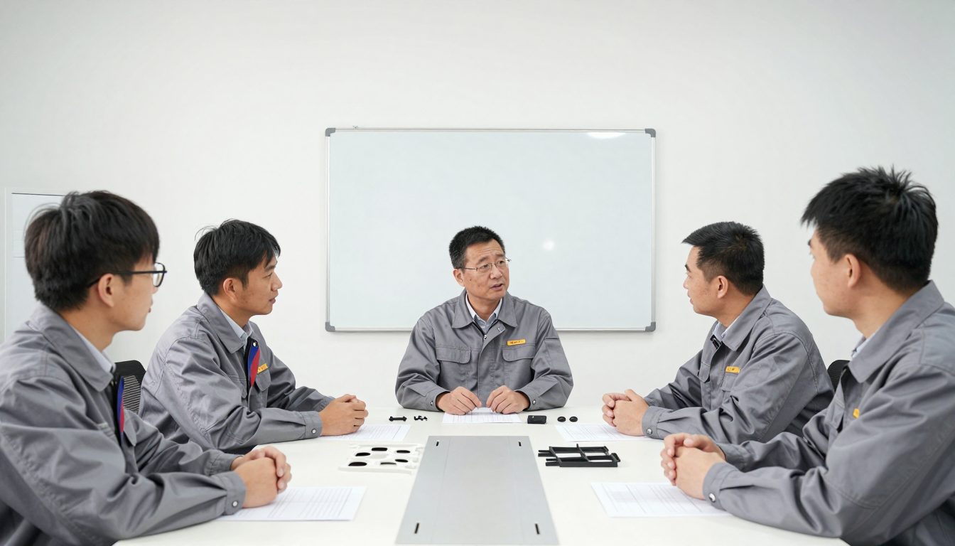 여러 부서가 시제품과 도면을 두고 설계검토를 하는 회의