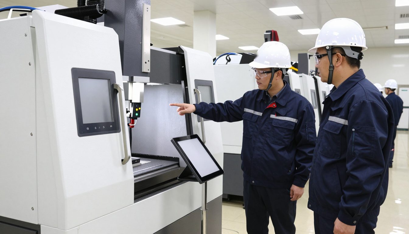태블릿 거치대가 달린 CNC 가공기 앞에서 개선 방향을 설명하는 엔지니어